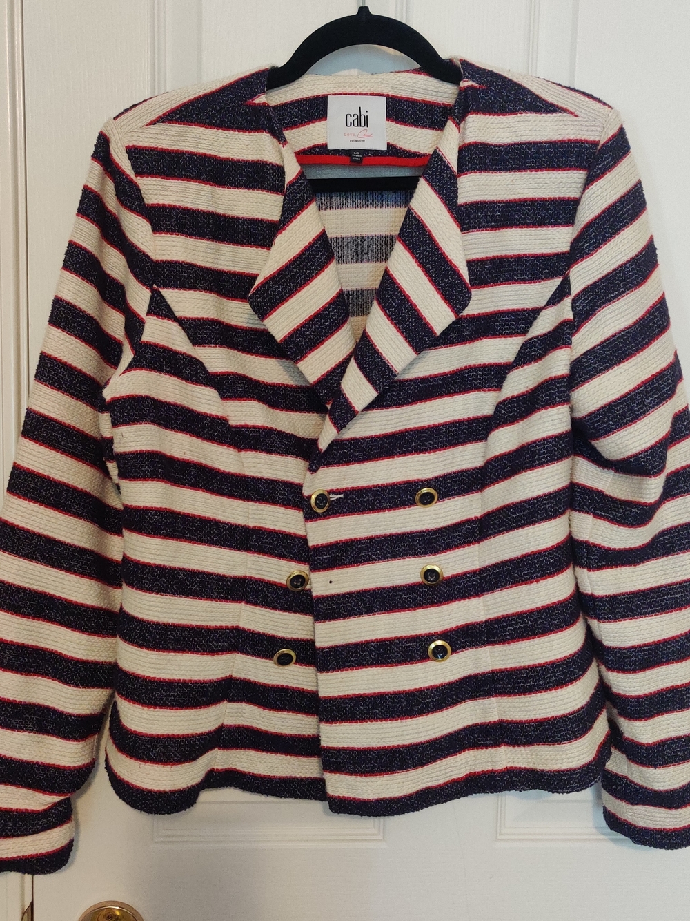 cabi Navy, White & Red Striped Double-Breasted Cruise Blazer, Love Carol
